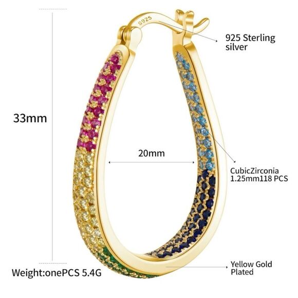 14K Yellow Gold Sterling Silver with Multicolored Cubic Zirconia Hoop Earrings - Picture 5 of 5